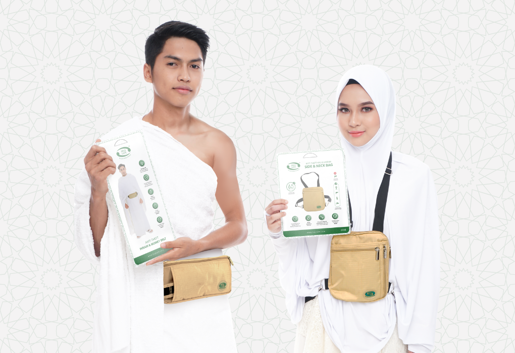 Man in Ihram and woman in a white abaya, each wearing a beige Hajj Safe bag and holding the packing checklist