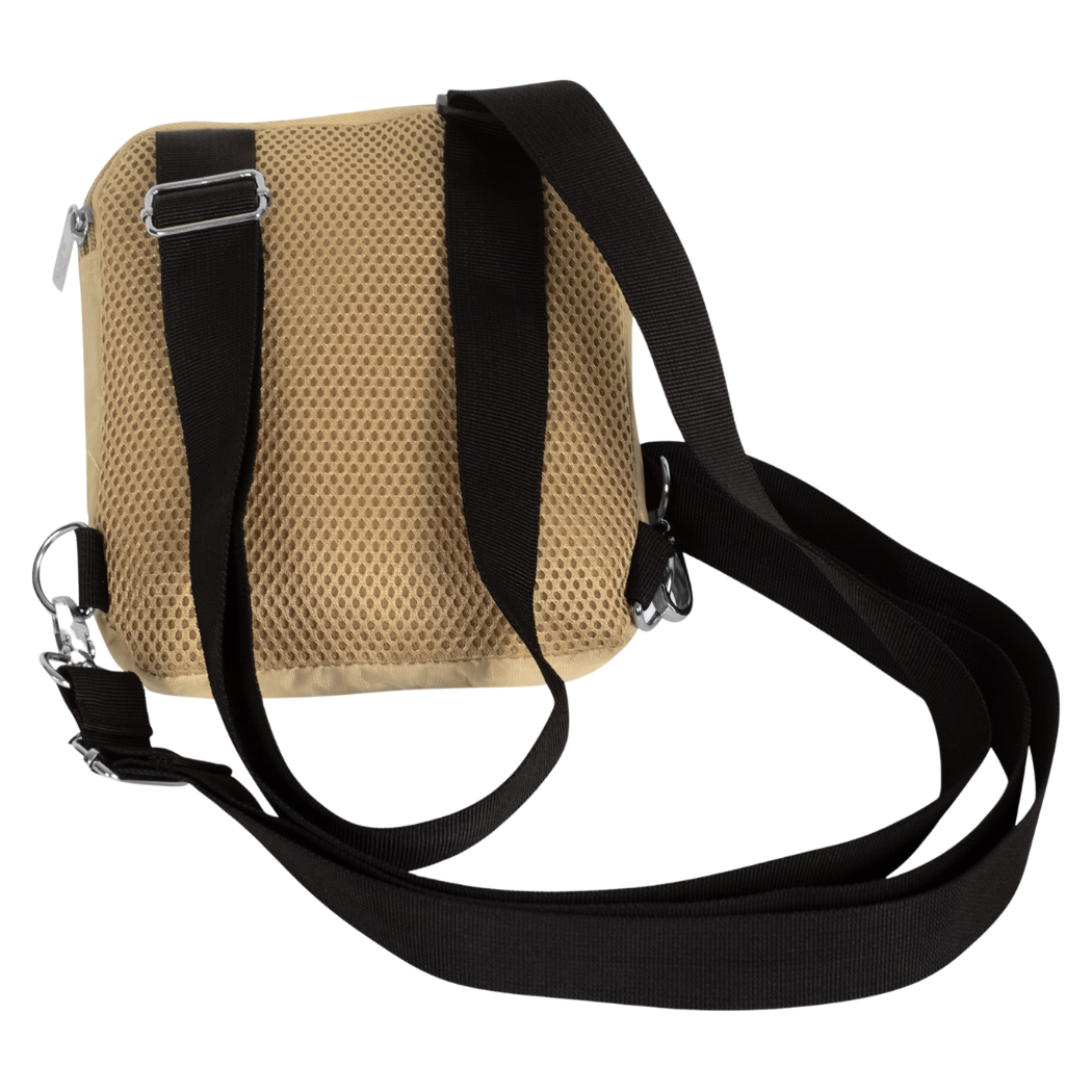 Back of the beige Hajj bag for men showing mesh panel and black straps