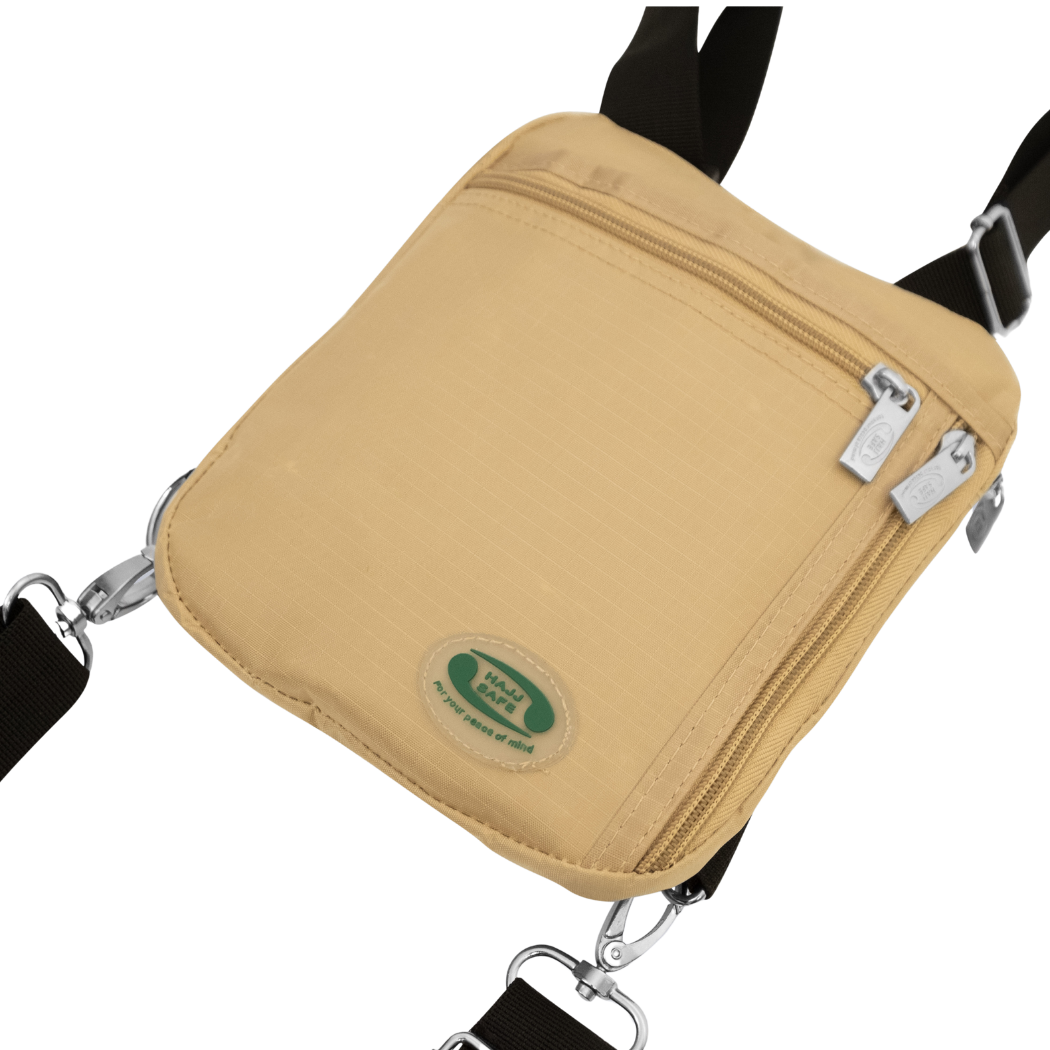 Compact beige Hajj side bag for men with secure zipper pockets