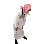 A man bowing in prayer wearing the beige Hajj bag for men on his chest