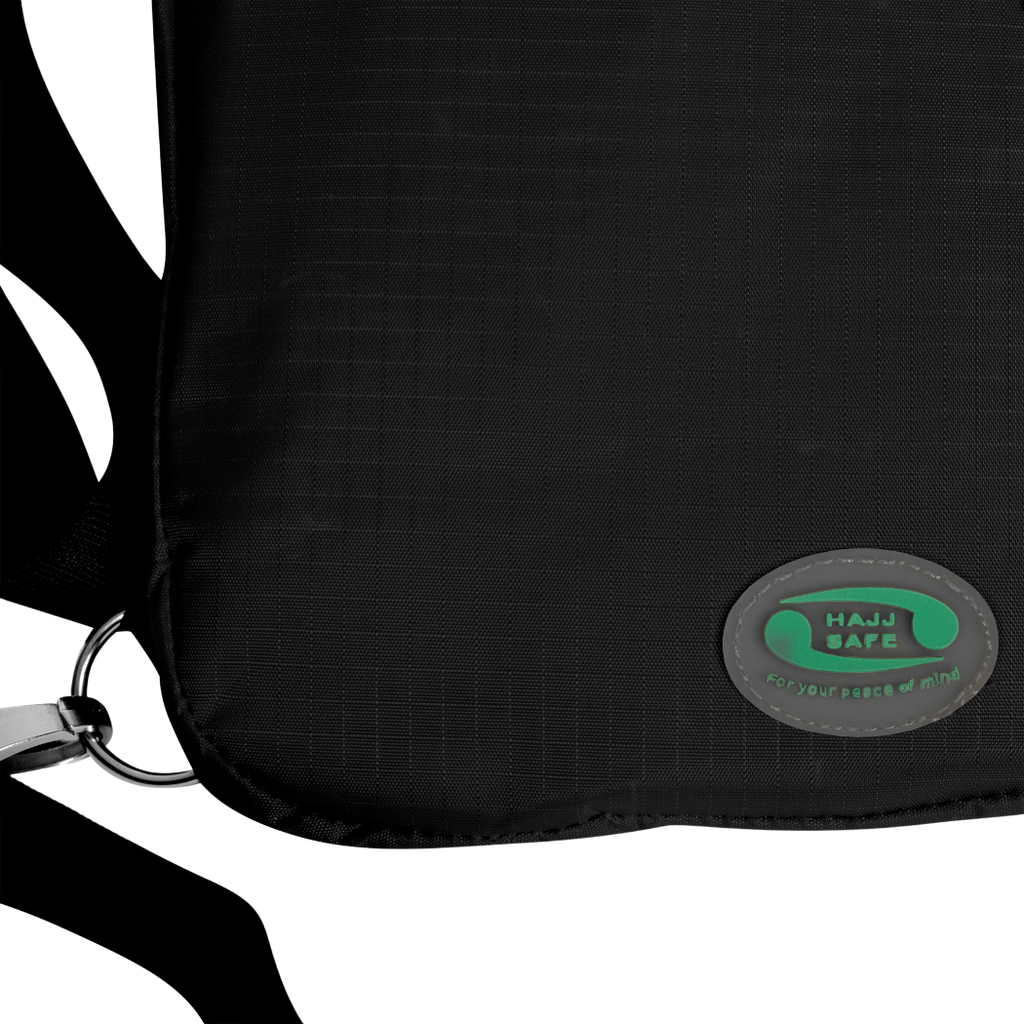Breathable back panel and adjustable straps on men's Hajj black bag