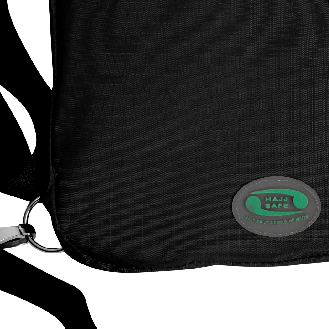 Breathable back panel and adjustable straps on men's Hajj black bag