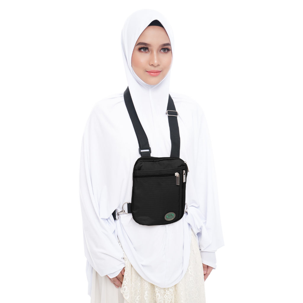 Black Hajj and Umrah bag for women worn as a side bag