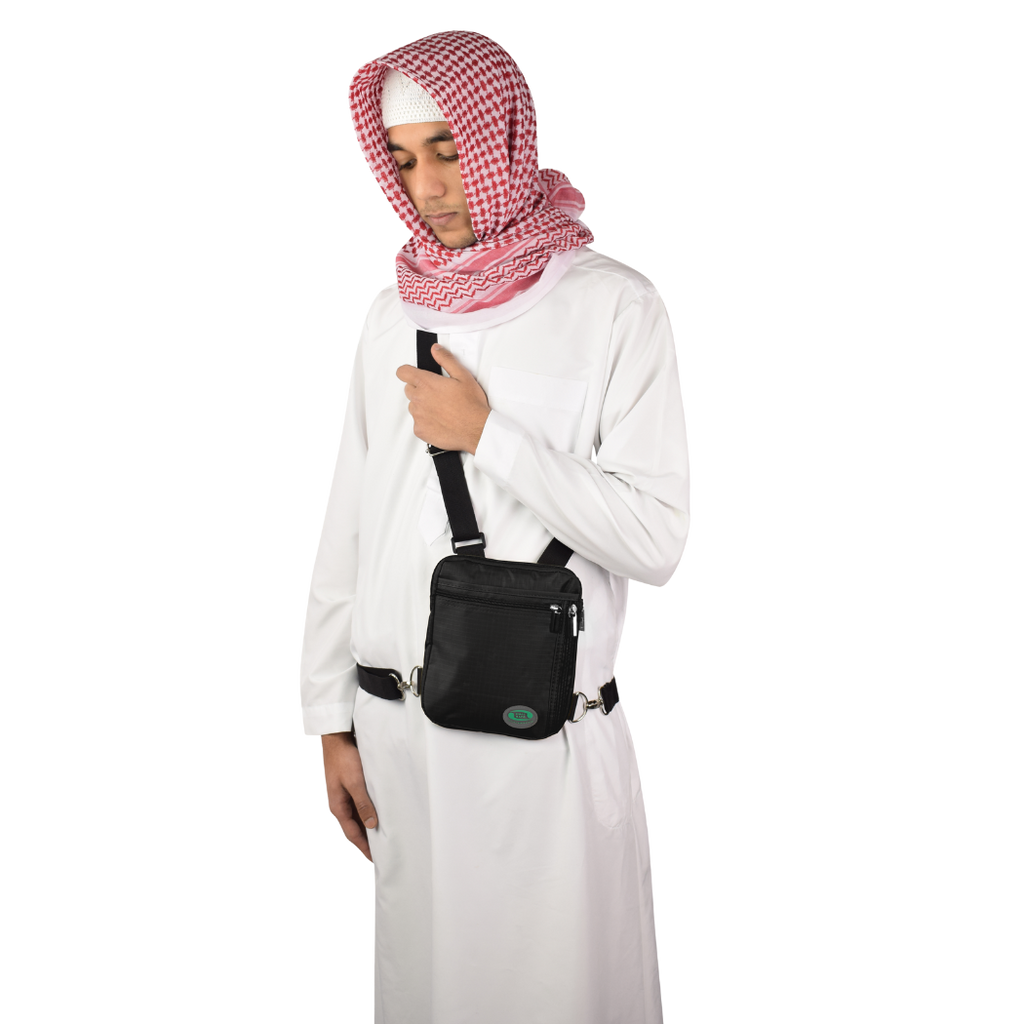 Black Hajj and Umrah bag for men worn as a side bag