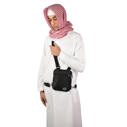 Black Hajj and Umrah bag for men worn as a side bag