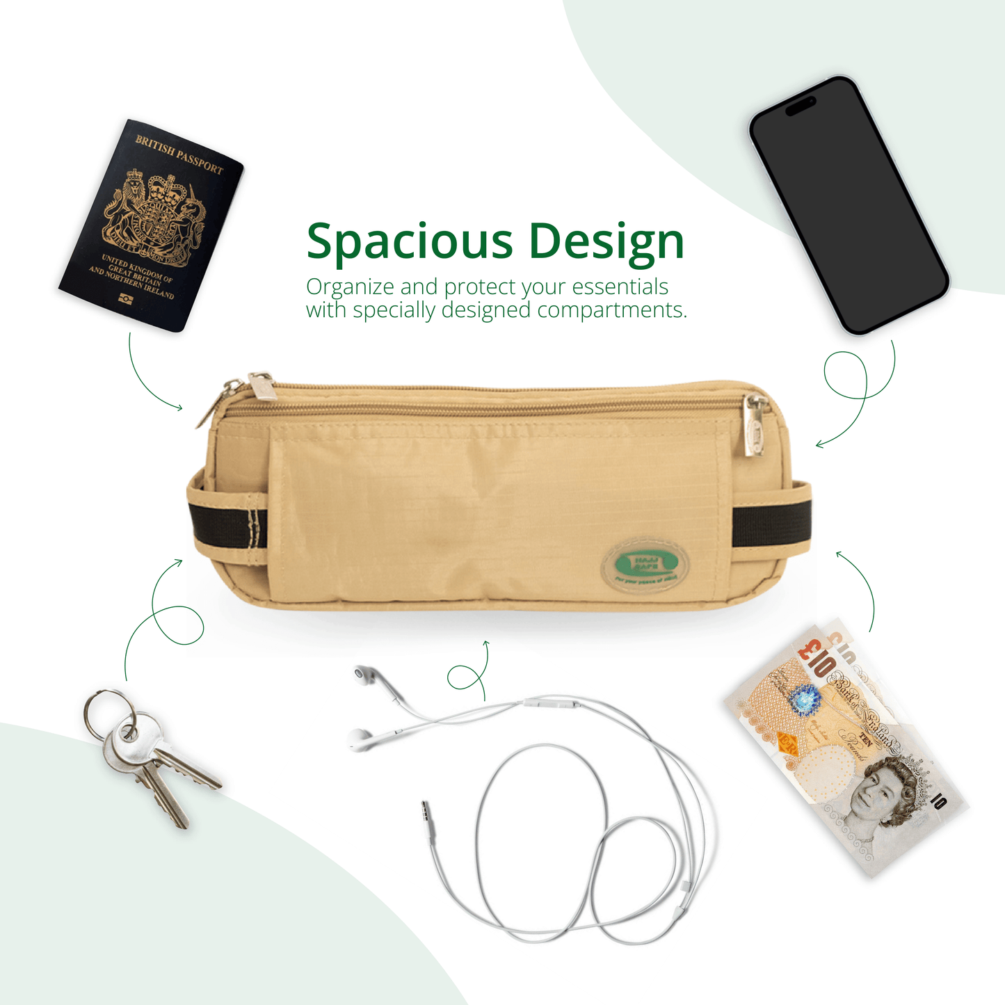 Anti-Theft Ihram Waist Bag with a spacious design, featuring multiple compartments to organize and protect essentials like a passport, phone, keys, earphones, and money, ideal for Hajj and Umrah.