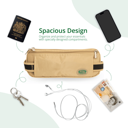 Anti-Theft Ihram Waist Bag with a spacious design, featuring multiple compartments to organize and protect essentials like a passport, phone, keys, earphones, and money, ideal for Hajj and Umrah.