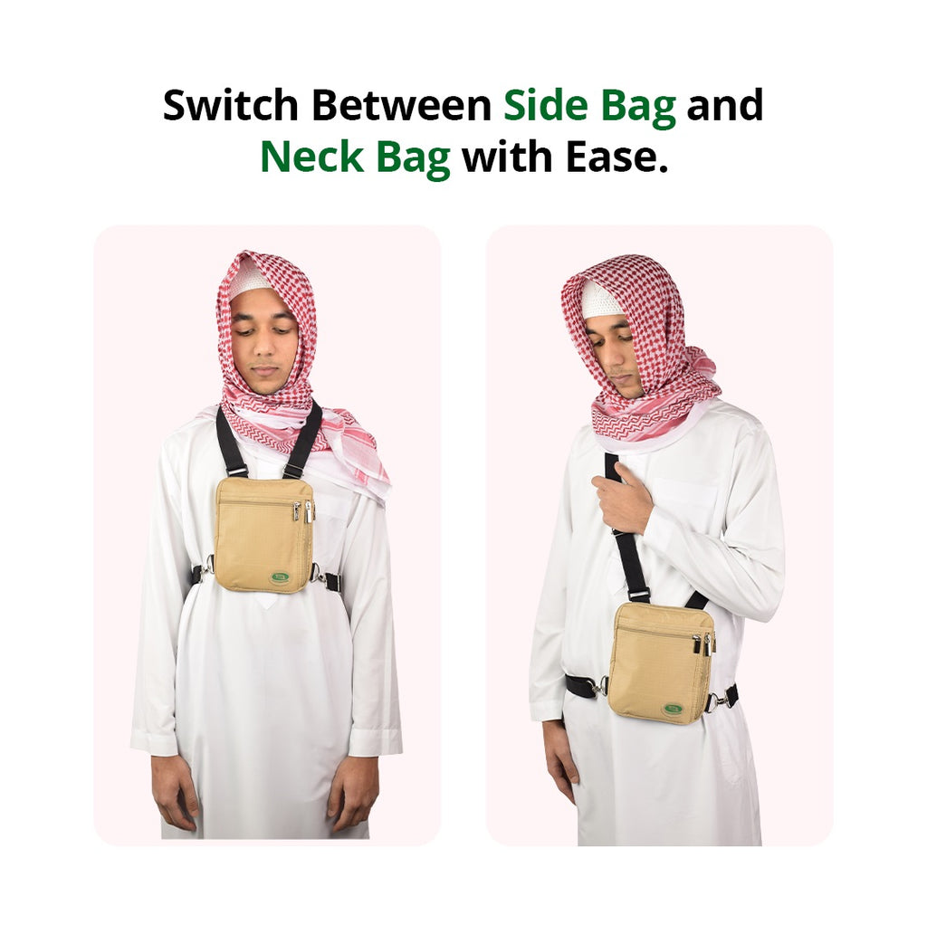 A man wears the beige Hajj bag for men as a chest bag and side bag