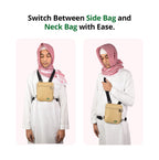 A man wears the beige Hajj bag for men as a chest bag and side bag