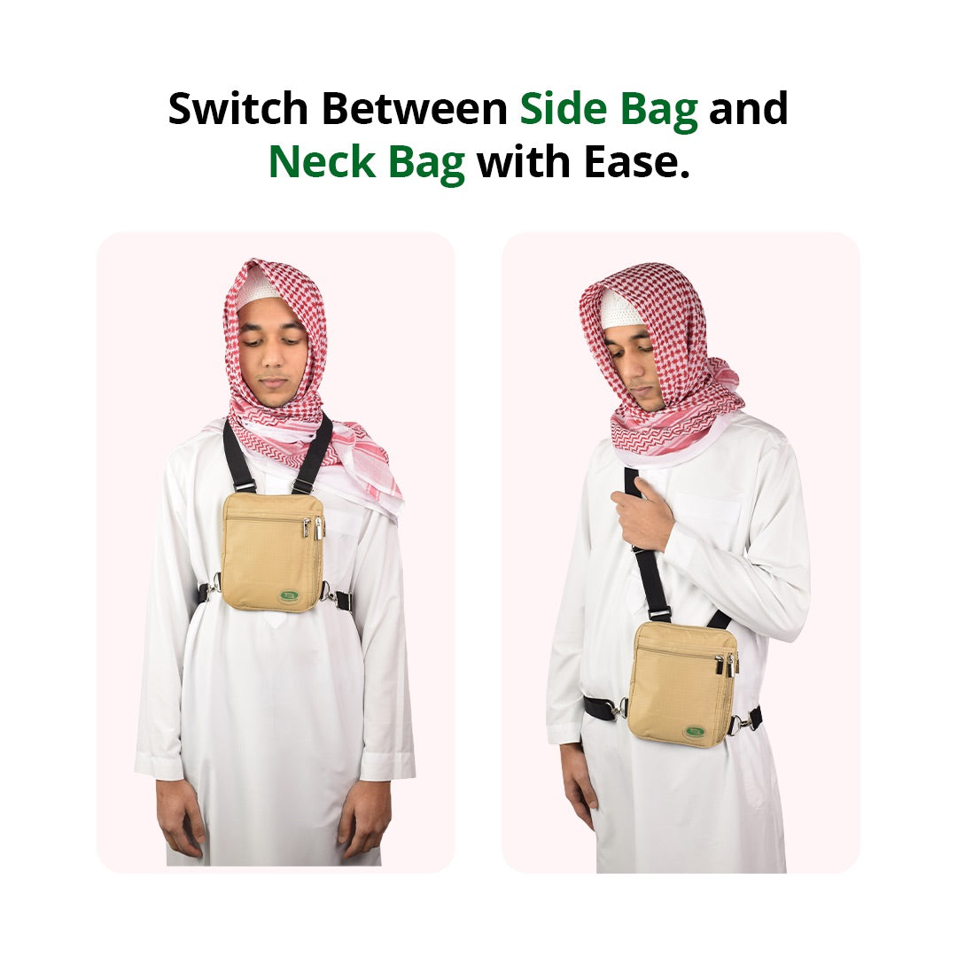 A man wears the beige Hajj bag for men as a chest bag and side bag