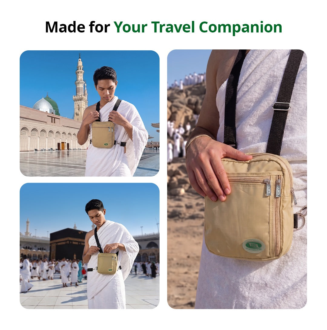 A man in Ihram wears the beige Hajj bag for men in Madinah and Makkah