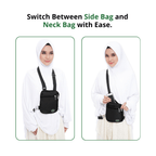 A woman wearing the black Hajj bag for women as a neck bag and side bag
