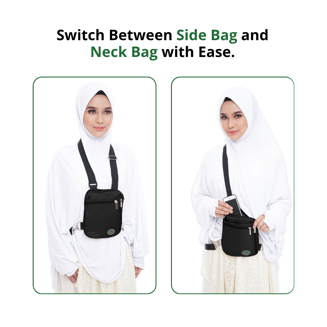 A woman wearing the black Hajj bag for women as a neck bag and side bag