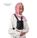 Black Hajj and Umrah bag worn securely by male pilgrim (1)