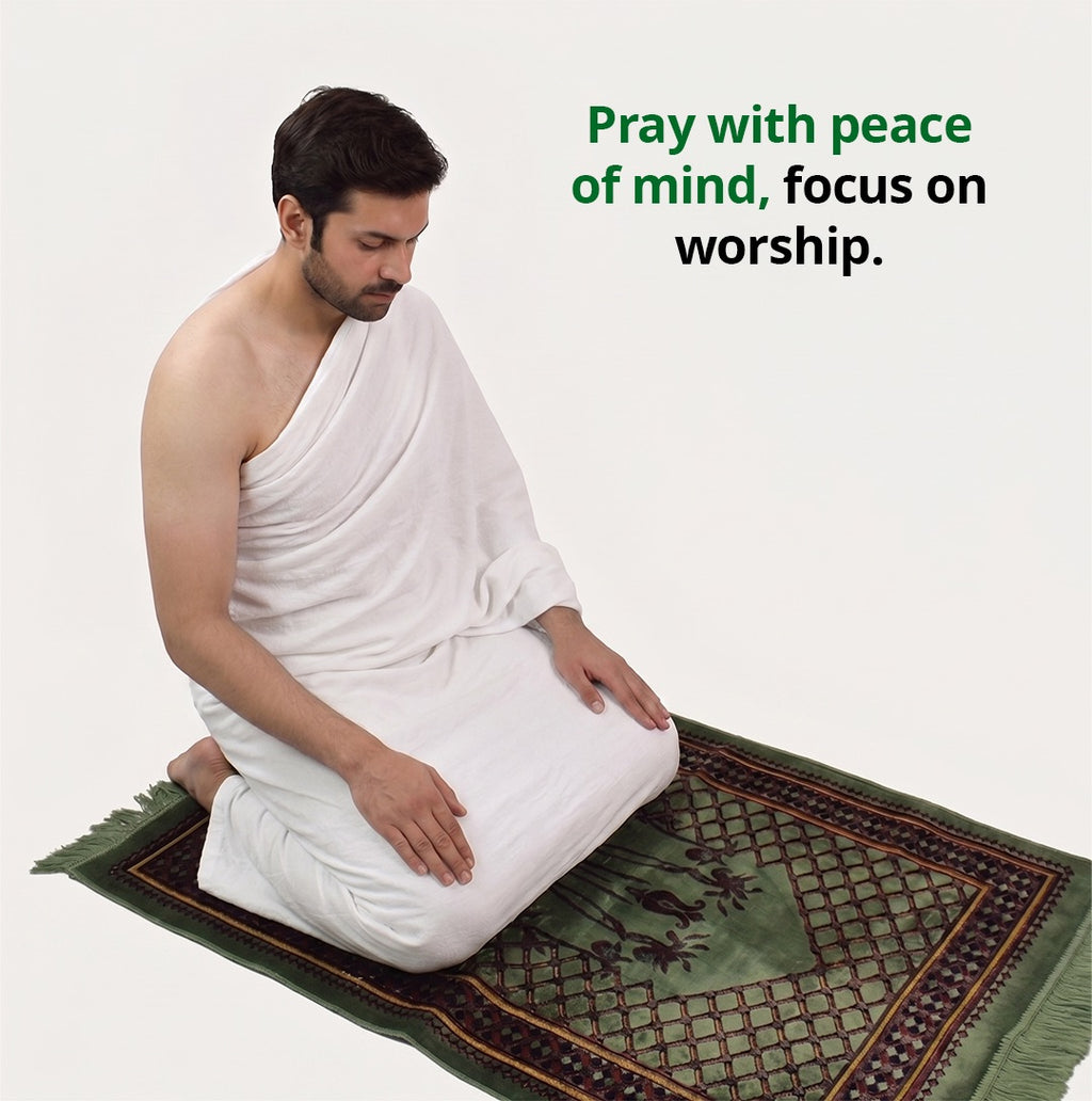 Muslim man praying in comfortable white Ihram during pilgrimage