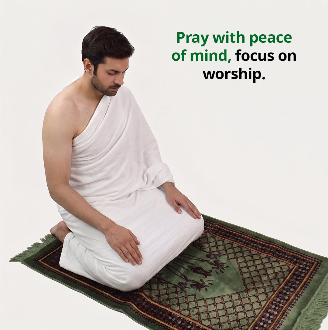 Muslim man praying in comfortable white Ihram during pilgrimage