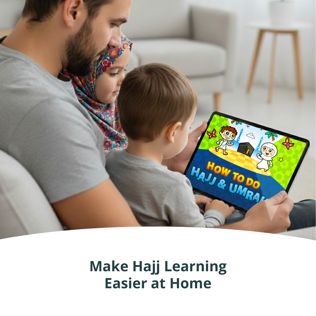 Parent teaching child about Hajj with printable Islamic activities