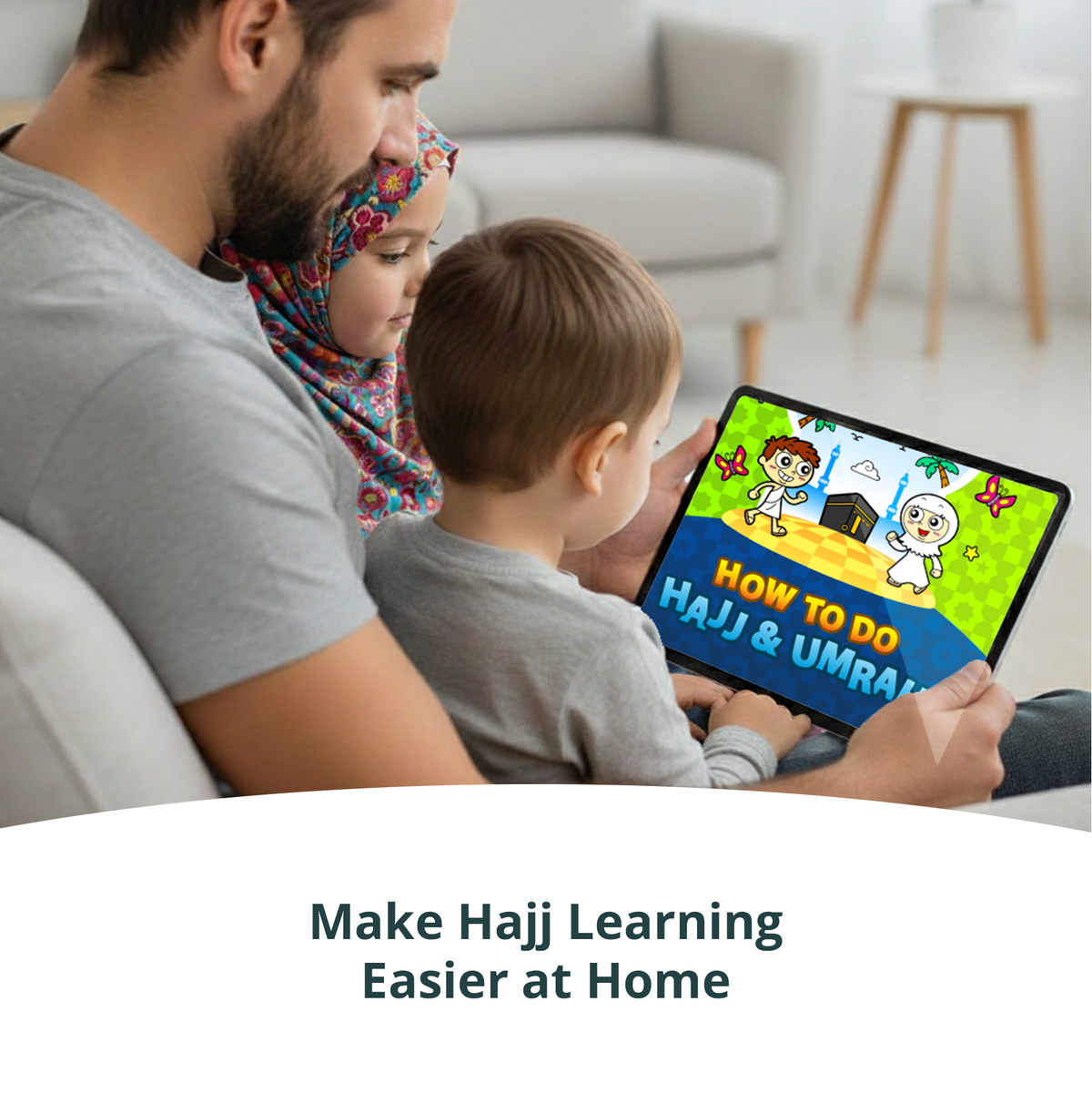 Parent teaching child about Hajj with printable Islamic activities