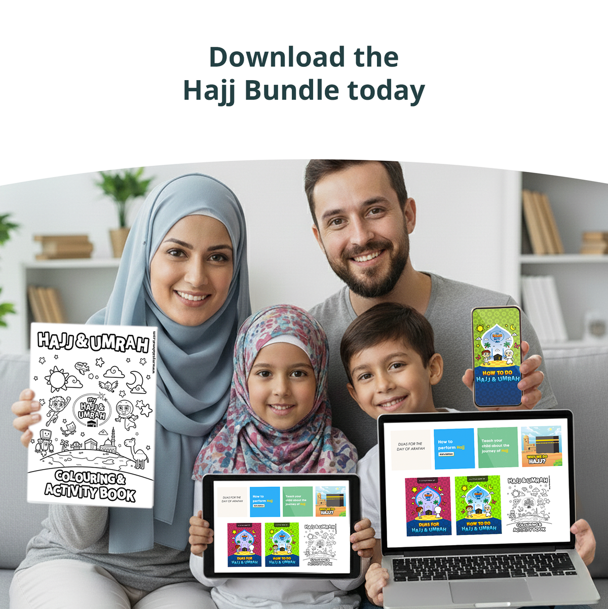 Family using free Hajj and Umrah educational printables for kids