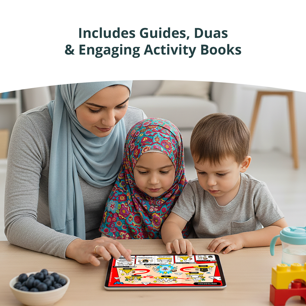 Children learning about Hajj with Islamic activity books and duas